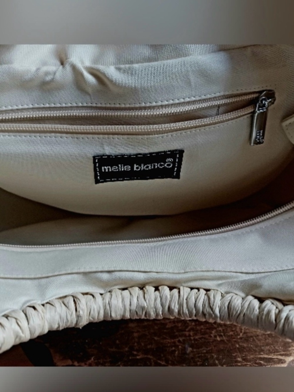 Melie Bianco Woven Straw Tote Bag with Pom Pom Accent - Picture 3 of 3